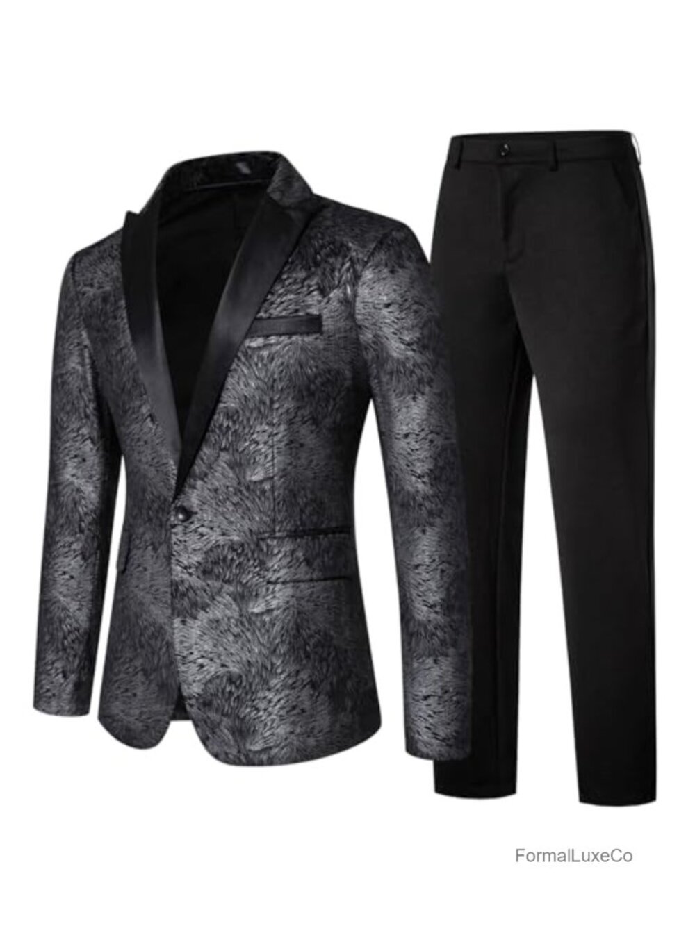 Silver Jacquard Texture Tuxedo Set, Satin Peak Lapel, Men's Formal Suit, Black